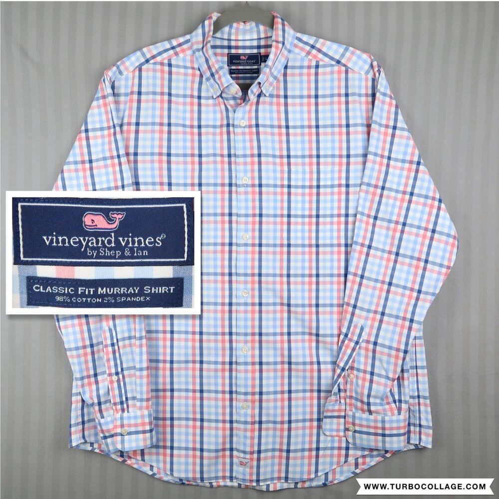 Vineyard Vines Tucker Madras Shirt Men Size Large Blue Pink Plaid Stretch
